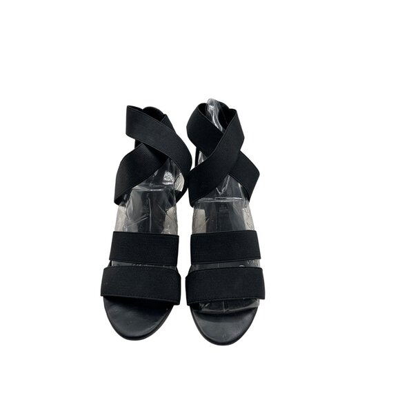 Steven Madden Size 6 Strappy Elastic Open-Toe Leather Back Heels Faux Wood Wedge - Picture 3 of 9